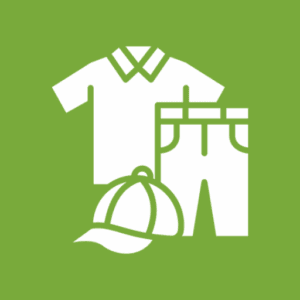 Clothing icons on a green background.