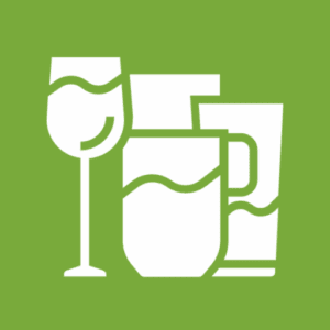 Glassware icons on green background.