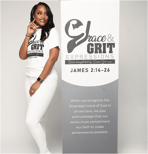 Woman models white outfit with Grace & Grit Expressions logo and scripture reference.