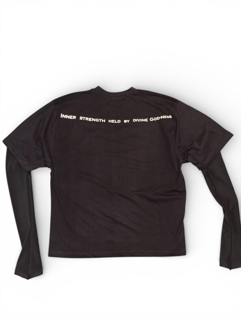 Black long-sleeve shirt with white text across the chest.