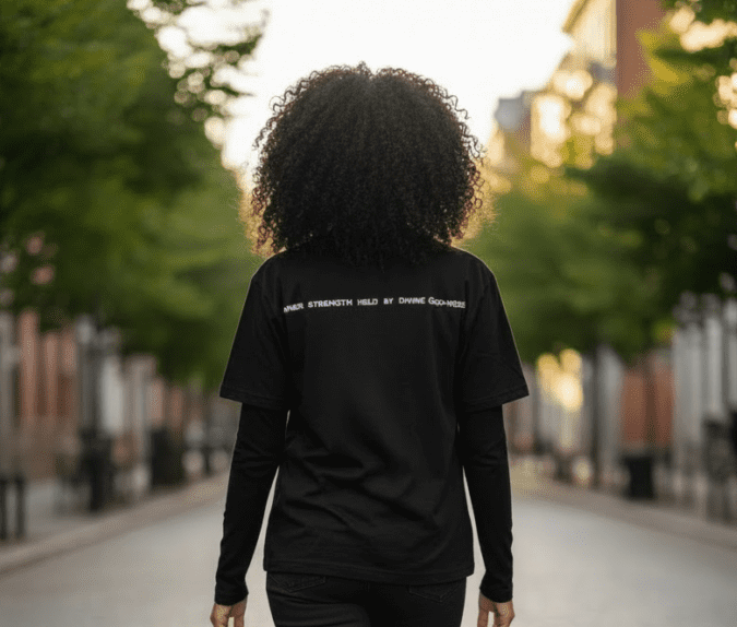 Person wearing a black t-shirt walking down a city street.