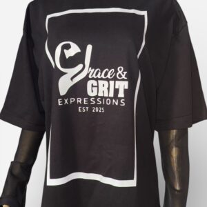 Black t-shirt with "Grace & Grip Expressions" logo and design.