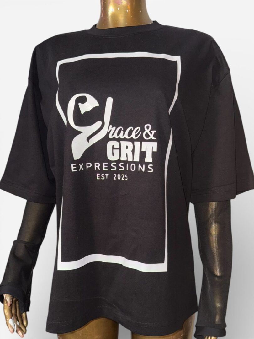 Black t-shirt with "Grace & Grip Expressions" logo and design.