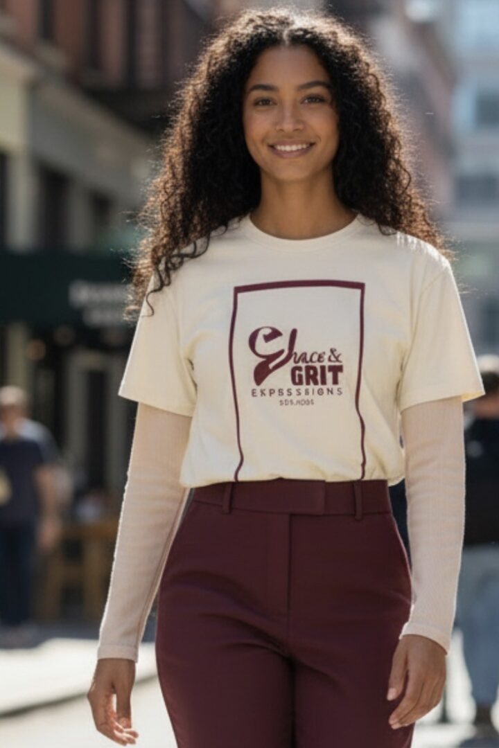 A woman wearing a cream T-shirt with a 'Grit' graphic design.