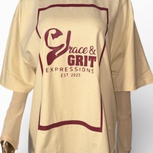 Beige T-shirt with 'Grace & Grit Expressions' logo in burgundy.
