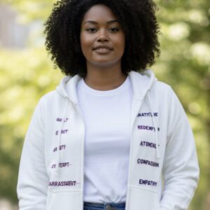 Smiling woman outdoors in casual white outfit with curly hair.
