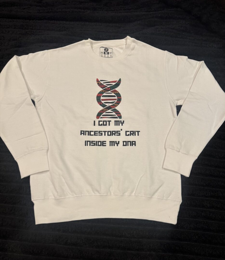 White sweatshirt with a DNA strand graphic and science-related text.