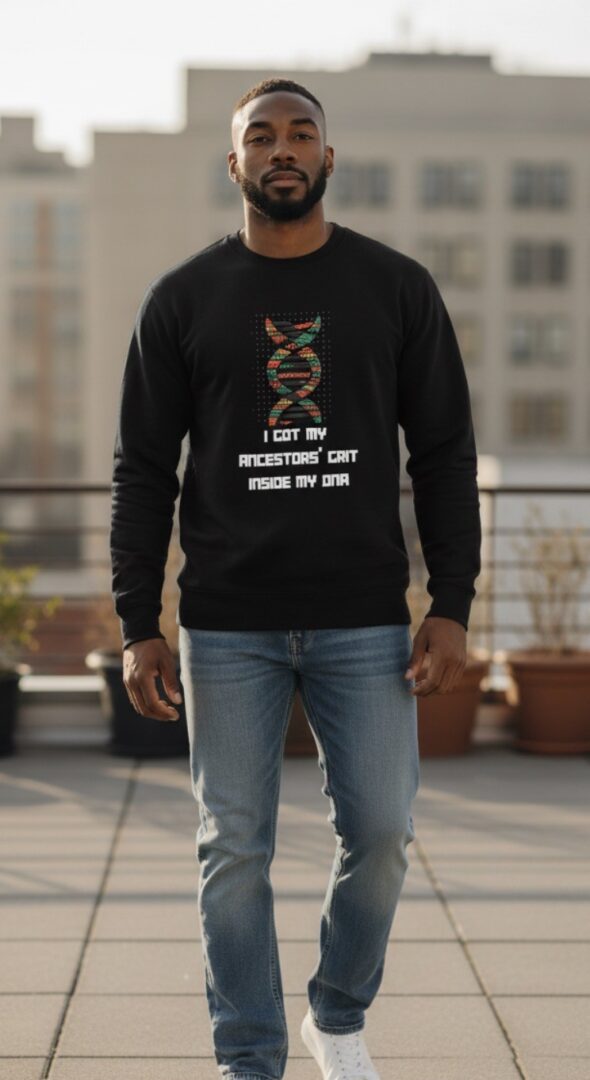 Person wearing a DNA-themed black sweatshirt with a motivational quote.