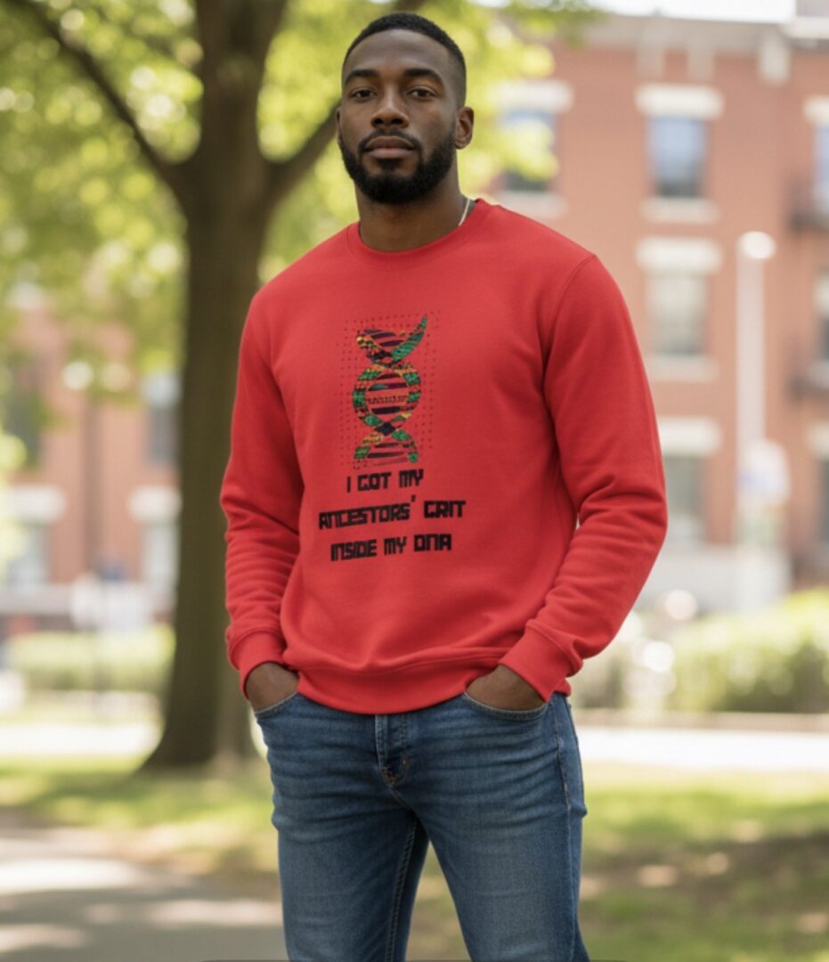 Man in a red sweatshirt with a bold graphic and text, standing outdoors.