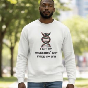 Man wearing a white sweatshirt with a DNA design and text about descendants.
