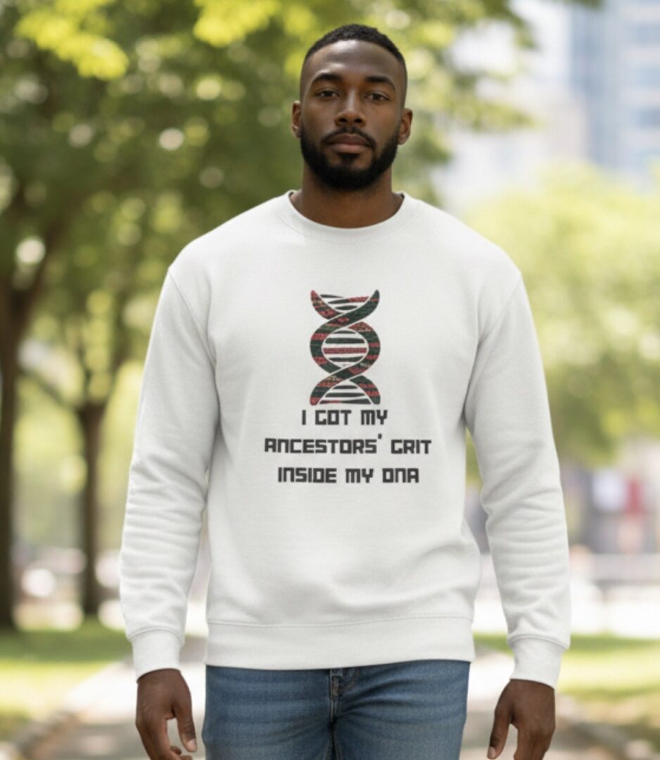 Man wearing a white sweatshirt with a DNA design and text about descendants.