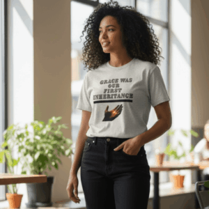 Woman wearing a white graphic tee and black jeans in a bright room.