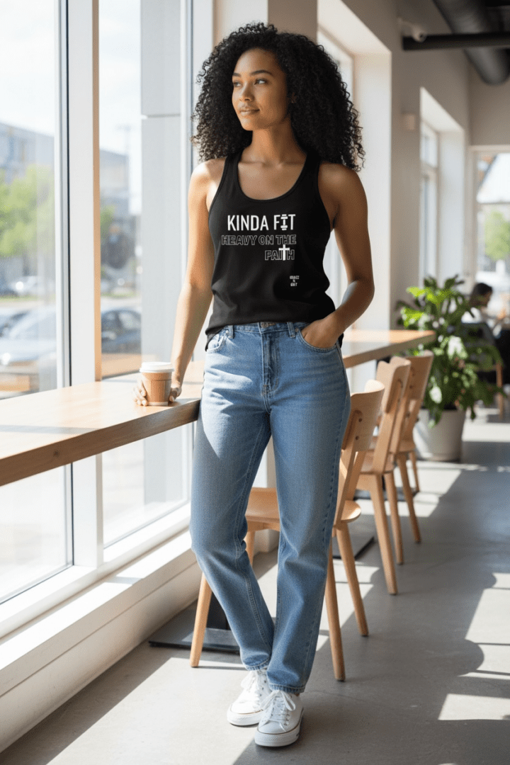 Woman in casual outfit with a black graphic tank top and blue jeans.