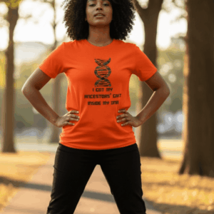 Person wearing an orange shirt with a DNA design and text.