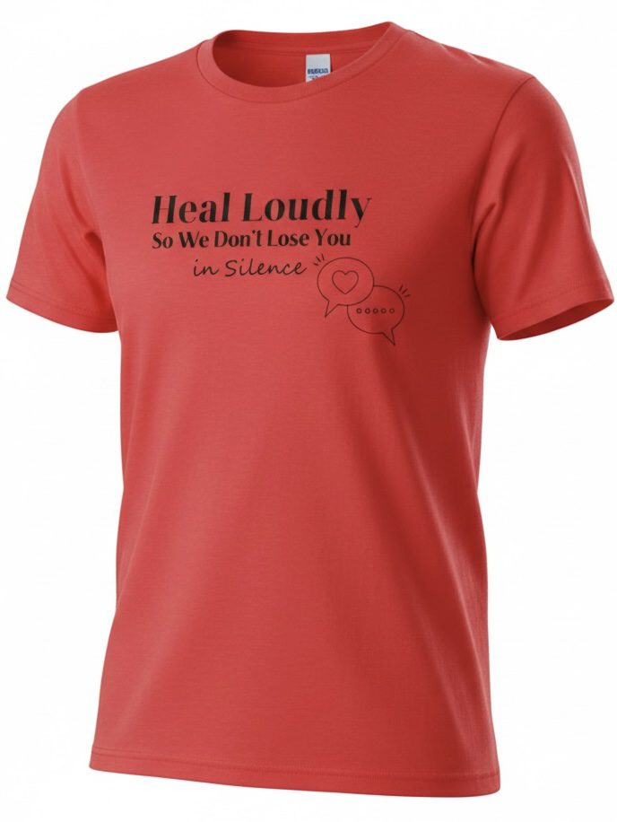 Red t-shirt with a bold message about healing and silence.