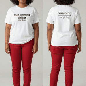 Person wearing a white t-shirt with text on front and back, paired with red pants.