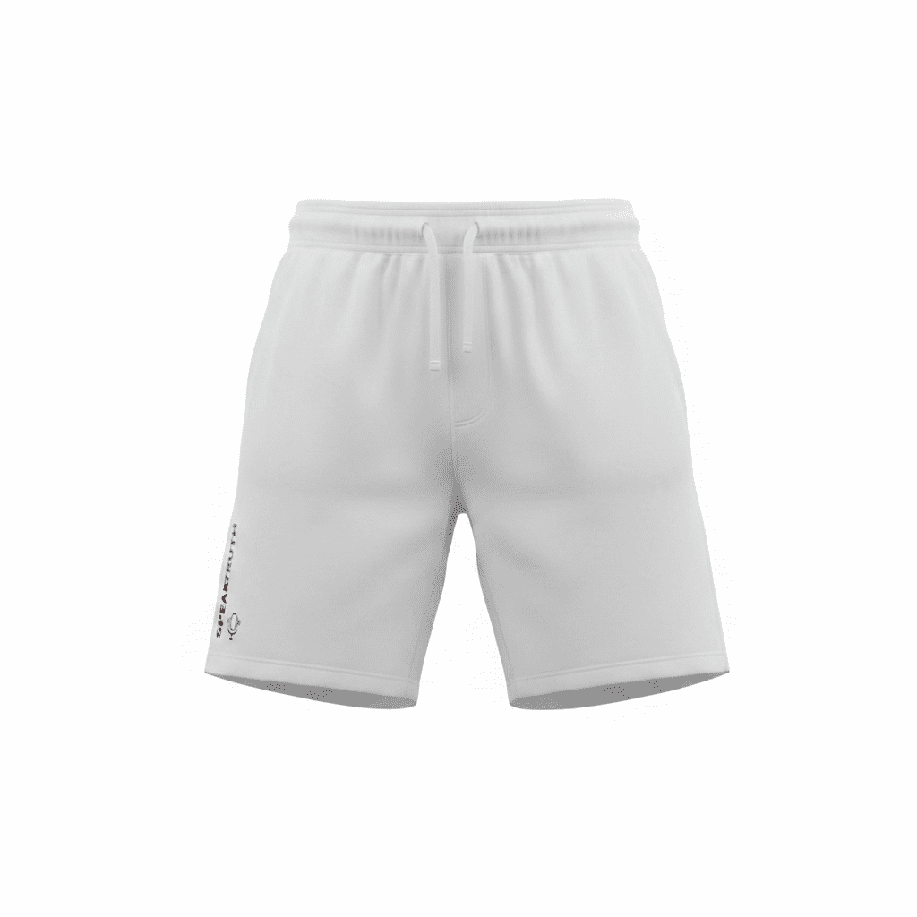 White athletic shorts with an elastic waistband and drawstring.