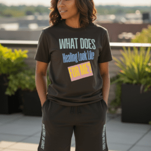 Person wearing a black T-shirt with the text about looking like their mom.