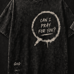 Acid-wash black T-shirt "Can I pray for you?