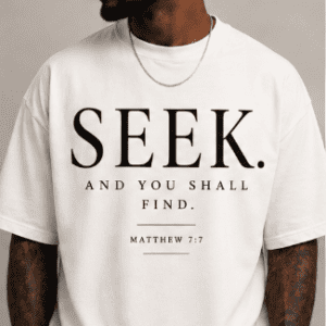 Man wearing white t-shirt reading "SEEK" text